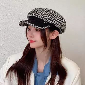 Женская шляпа весна и осень Geberet восьмиугольные шляпы Тысяча птиц Мода Ретро Студент Художник Газета Детская Шапка AC2132 One Size чёрный