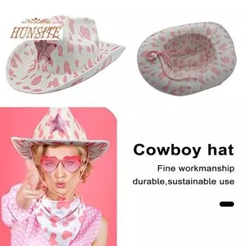 Женская шляпа Западная ковбойская шляпа с блестками и звездами контрастного цвета, ветрозащитная, с фиксированным ремешком, с загнутыми полями, розовая защита от солнца, анти-УФ-защита, женская кепка для косплея светло-розовый