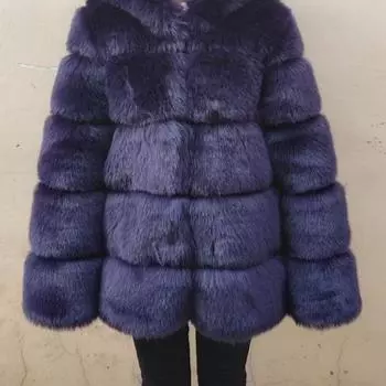 Женская шуба из искусственного лисьего меха с тонким меховым воротником женская S темно-серого