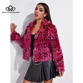 Женская шуба из искусственного меха розового леопардового цвета с длинными рукавами и лацканами, с большим красным воротником и капюшоном S розовый