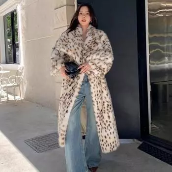 Женская шуба из искусственного меха с леопардовым принтом большого размера с большими лацканами, модная, универсальная, теплая, зимняя норковая шуба прилив S