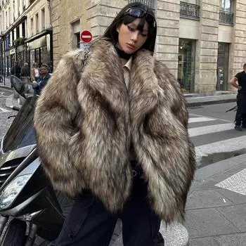 Женская шуба из меха енота, коричневая шуба с лацканами, экологичный мех, теплая шуба, европейский и американский стиль кэжуал S
