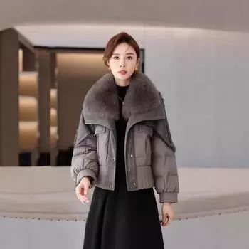 Женская шуба из натурального меха лисы, зимний воротник из кроличьего меха с интегрированным мехом, повседневная теплая куртка из гусиного пуха M серый