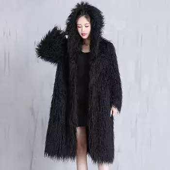 Женская шуба, пляжное шерстяное пальто, пушистое длинное, с капюшоном, свободного покроя, большого размера, зимняя теплая повседневная шаль S чёрный