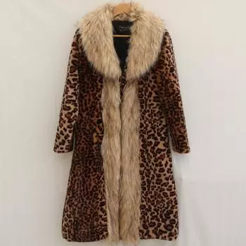 Женская шуба с леопардовым принтом, длинная норковая шуба с мехом лисы, большой меховой воротник, зимний теплый тренчкот, свободный, большой размер S цветной печати леопарда