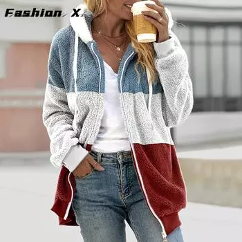 Женская шуба свободного покроя большого размера, длинная плюшевая разноцветная куртка с капюшоном на молнии S коричневый