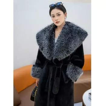 Женская шуба зимняя новая норковая шуба лисья шерсть большой меховой воротник длинный меховой пояс тренчкот XS чёрный