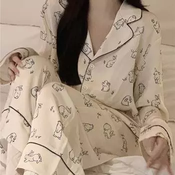Женская симпатичная корейская шелковая пижама с кроликом - костюм с длинными рукавами на весну/осень HZX-8627#, M
