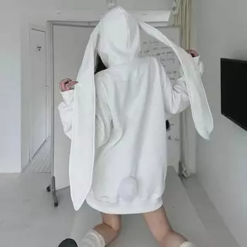 Женская симпатичная куртка на молнии с капюшоном и заячьими ушками - свободный универсальный кардиган-свитер на осень/зиму