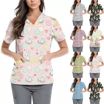 Женская симпатичная пасхальная рабочая одежда с принтом V-образным вырезом, двухслойными карманами, базовый короткий рукав, топ, пуловер XXL чёрный