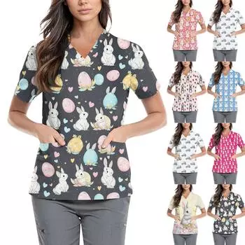 Женская симпатичная пасхальная рабочая одежда с принтом V-образным вырезом, двухслойными карманами, базовый короткий рукав, топ, пуловер L белый