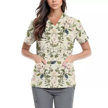 Женская симпатичная принтованная рабочая одежда с V-образным вырезом, двухслойными карманами, базовым коротким рукавом, пуловером ко Дню святого Валентина L бежевый