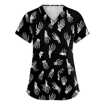 Женская симпатичная принтованная рабочая одежда с V-образным вырезом, двухслойными карманами, базовым коротким рукавом, пуловером S