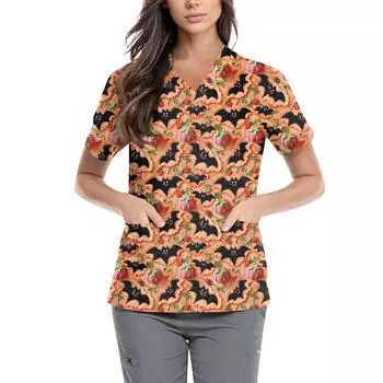 Женская симпатичная принтованная рабочая одежда с V-образным вырезом, двухслойными карманами, базовым коротким рукавом, пуловером ко Дню святого Валентина XXXXXL