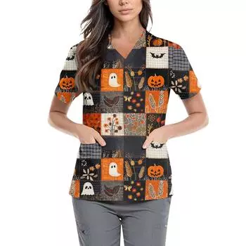 Женская симпатичная принтованная рабочая одежда с V-образным вырезом, двухслойными карманами, базовым коротким рукавом, пуловером ко Дню святого Валентина XXL