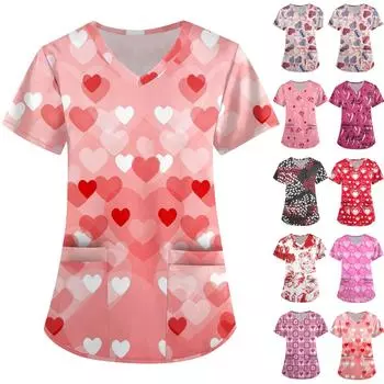 Женская симпатичная принтованная рабочая одежда с V-образным вырезом, двухслойными карманами, базовым коротким рукавом, пуловером ко Дню святого Валентина XXXL красный