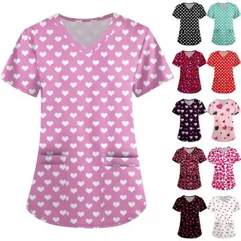 Женская симпатичная принтованная рабочая одежда с V-образным вырезом, двухслойными карманами, базовым коротким рукавом, пуловером ко Дню святого Валентина XXL белый