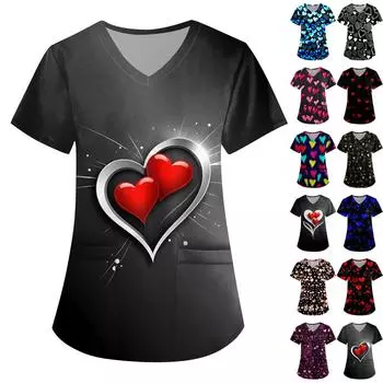 Женская симпатичная принтованная рабочая одежда с V-образным вырезом, двухслойными карманами, базовым коротким рукавом, пуловером ко Дню святого Валентина L чёрный