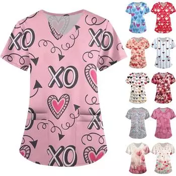 Женская симпатичная принтованная рабочая одежда с V-образным вырезом, двухслойными карманами, базовым коротким рукавом, пуловером ко Дню святого Валентина M синий