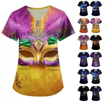 Женская симпатичная принтованная рабочая одежда с V-образным вырезом, двухслойными карманами, базовым коротким рукавом, пуловером XXXXL синий