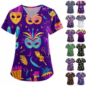 Женская симпатичная принтованная рабочая одежда с V-образным вырезом, двухслойными карманами, базовым коротким рукавом, пуловером M