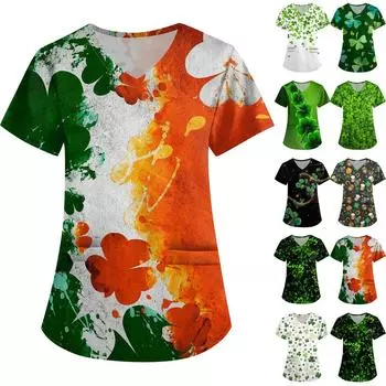 Женская симпатичная принтованная рабочая одежда с V-образным вырезом, двухслойными карманами, базовым коротким рукавом, пуловером L армия зеленый