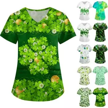 Женская симпатичная принтованная рабочая одежда с V-образным вырезом, двухслойными карманами, базовым коротким рукавом, пуловером L бежевый