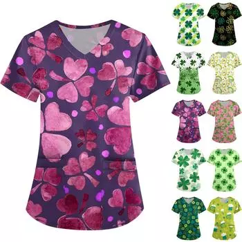 Женская симпатичная принтованная рабочая одежда с V-образным вырезом, двухслойными карманами, базовым коротким рукавом, пуловером L армия зеленый