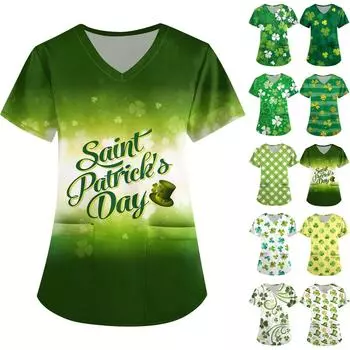 Женская симпатичная принтованная рабочая одежда с V-образным вырезом, двухслойными карманами, базовым коротким рукавом, пуловером XXXL