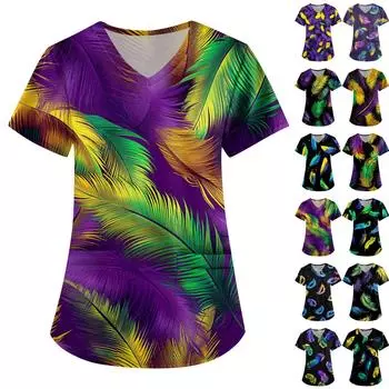 Женская симпатичная принтованная рабочая одежда с V-образным вырезом, двухслойными карманами, базовым коротким рукавом, пуловером XXXXL