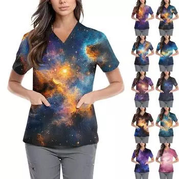 Женская симпатичная принтованная рабочая одежда с V-образным вырезом, двухслойными карманами, базовым коротким рукавом, пуловером L