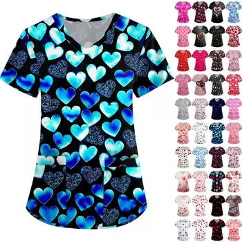 Женская симпатичная принтованная рабочая одежда с V-образным вырезом, двухслойными карманами, базовым коротким рукавом, пуловером ко Дню святого Валентина M