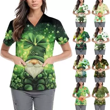 Женская симпатичная принтованная рабочая одежда с V-образным вырезом, двухслойными карманами, базовым коротким рукавом, пуловером XXXL