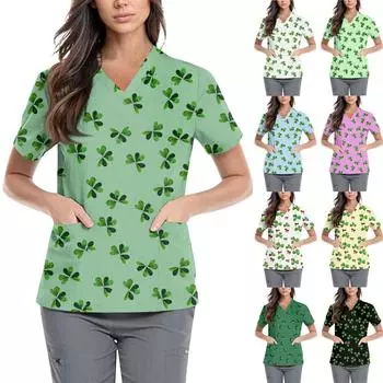 Женская симпатичная принтованная рабочая одежда с V-образным вырезом, двухслойными карманами, базовым коротким рукавом, пуловером XL