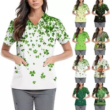 Женская симпатичная принтованная рабочая одежда с V-образным вырезом, двухслойными карманами, базовым коротким рукавом, пуловером XXXXXL