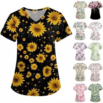 Женская симпатичная принтованная рабочая одежда с V-образным вырезом, двухслойными карманами, базовым коротким рукавом, пуловером ко Дню святого Валентина XXXL