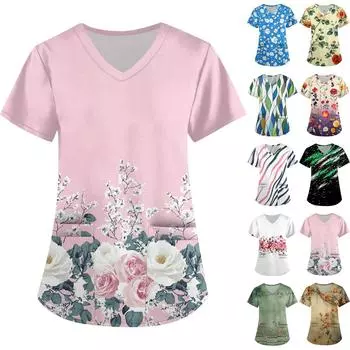 Женская симпатичная принтованная рабочая одежда с V-образным вырезом, двухслойными карманами, базовым коротким рукавом, пуловером ко Дню святого Валентина M зелёный