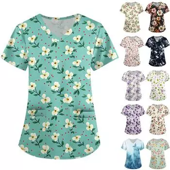 Женская симпатичная принтованная рабочая одежда с V-образным вырезом, двухслойными карманами, базовым коротким рукавом, пуловером ко Дню святого Валентина XL бежевый