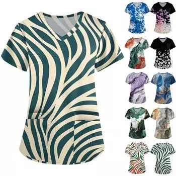 Женская симпатичная принтованная рабочая одежда с V-образным вырезом, двухслойными карманами, базовым коротким рукавом, пуловером ко Дню святого Валентина XL