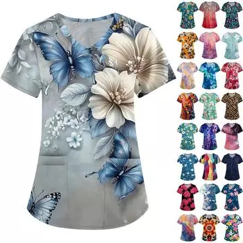 Женская симпатичная принтованная рабочая одежда с V-образным вырезом, двухслойными карманами, базовым коротким рукавом, пуловером L чёрный