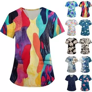 Женская симпатичная принтованная рабочая одежда с V-образным вырезом, двухслойными карманами, базовым коротким рукавом, пуловером XXL зелёный