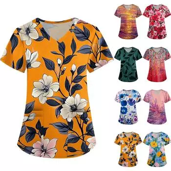 Женская симпатичная принтованная рабочая одежда с V-образным вырезом, двухслойными карманами, базовым коротким рукавом, пуловером XXXXXL розовый