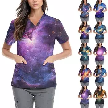 Женская симпатичная принтованная рабочая одежда с V-образным вырезом, двухслойными карманами, базовым коротким рукавом, пуловером XXXL