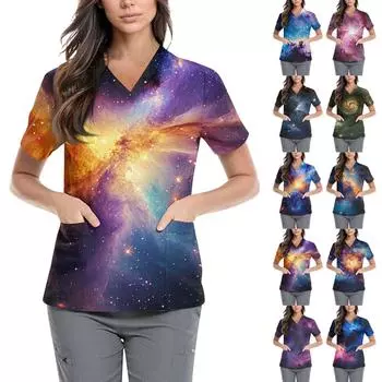 Женская симпатичная принтованная рабочая одежда с V-образным вырезом, двухслойными карманами, базовым коротким рукавом, пуловером M