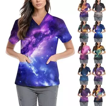 Женская симпатичная принтованная рабочая одежда с V-образным вырезом, двухслойными карманами, базовым коротким рукавом, пуловером XXXL