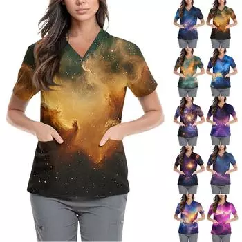 Женская симпатичная принтованная рабочая одежда с V-образным вырезом, двухслойными карманами, базовым коротким рукавом, пуловером XXXXL синий