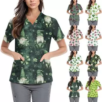 Женская симпатичная принтованная рабочая одежда с V-образным вырезом, двухслойными карманами, базовым коротким рукавом, пуловером XXL