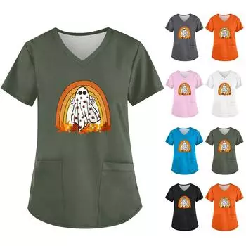Женская симпатичная рабочая одежда с принтом призрака, V-образный вырез, двухслойные карманы, базовый короткий рукав, пуловер на Хэллоуин S