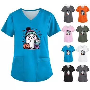 Женская симпатичная рабочая одежда с принтом призрака, V-образный вырез, двухслойные карманы, базовый короткий рукав, пуловер на Хэллоуин XXXXL