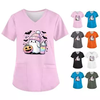 Женская симпатичная рабочая одежда с принтом призрака, V-образный вырез, двухслойные карманы, базовый короткий рукав, пуловер на Хэллоуин XL чёрный